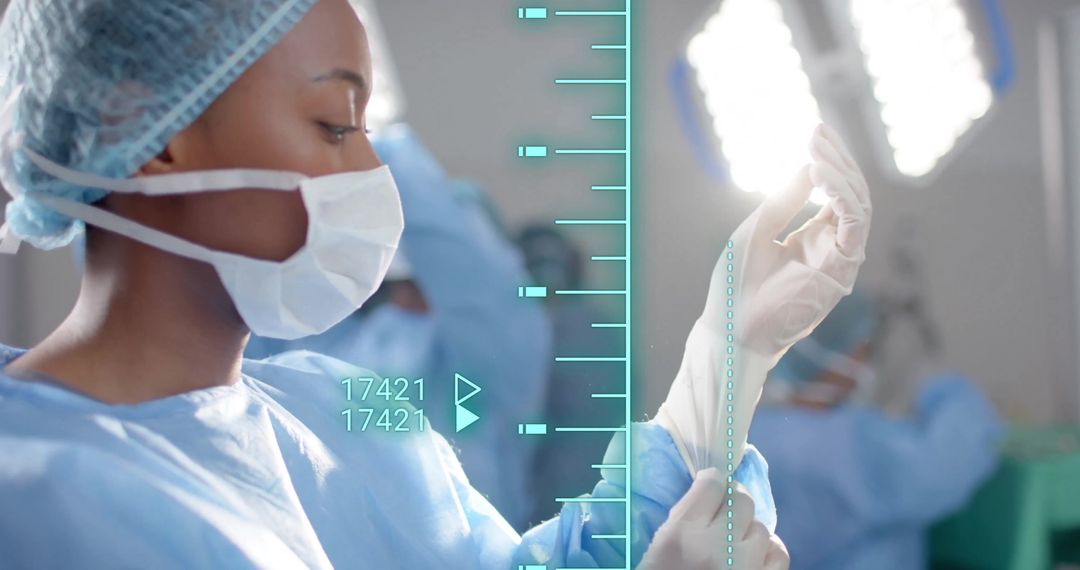 Surgeon Preparing for Procedure with Digital Interface Overlay