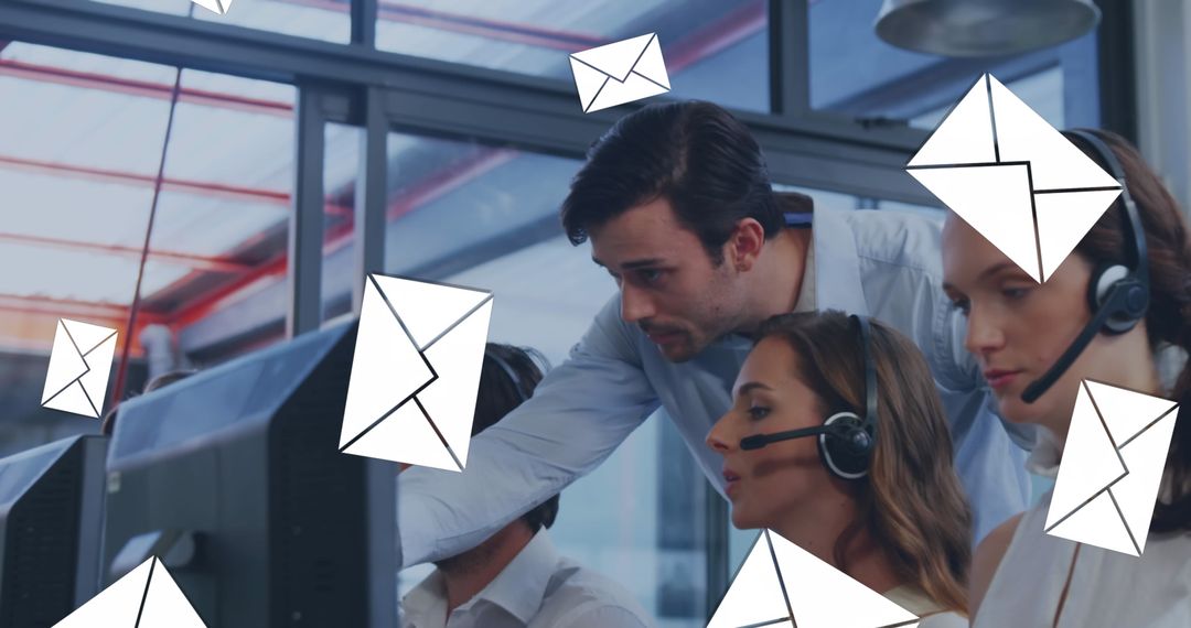 Customer Service Team Collaborating at Call Center with Headsets