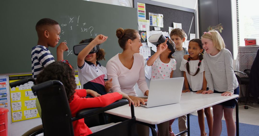 Excited Students Exploring VR Technology in Classroom