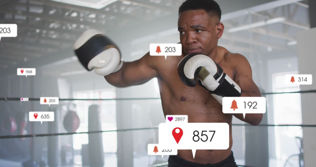 Boxer Training in Gym with Social Media Notifications Overlay
