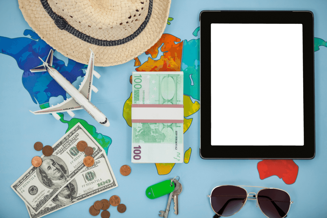 Transparent Travel Concept with Tablet and World Map Background