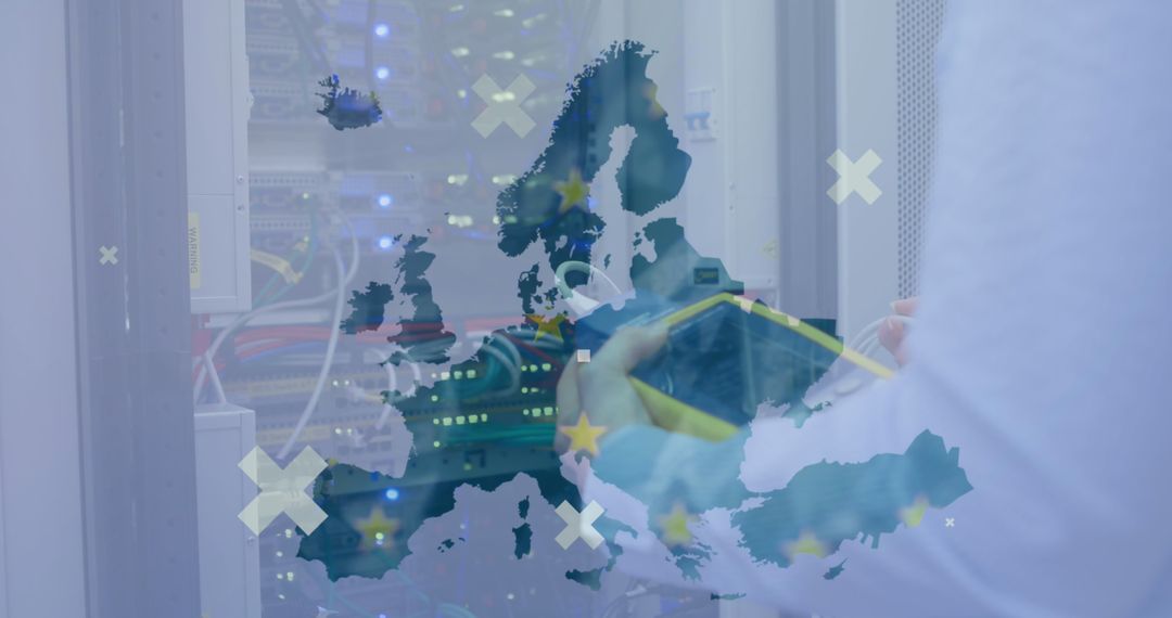 Innovative Technology Concept with Europe Map Overlaid on Server Room