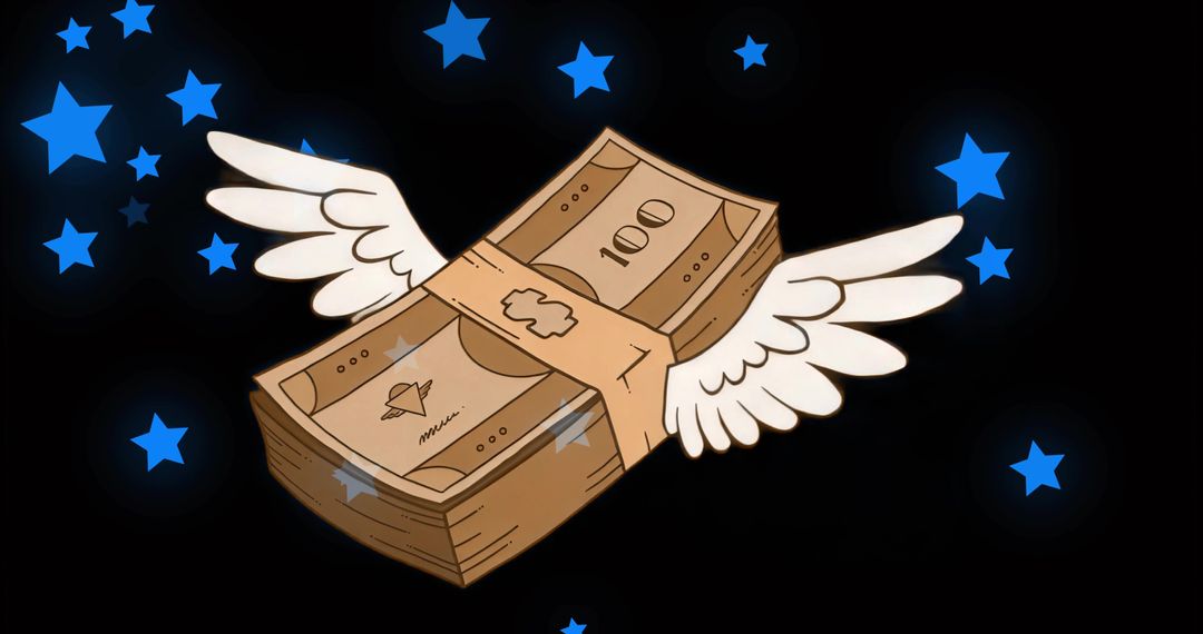 Flying Money Stack with Feathered Wings Floating Among Blue Stars Financial Concept