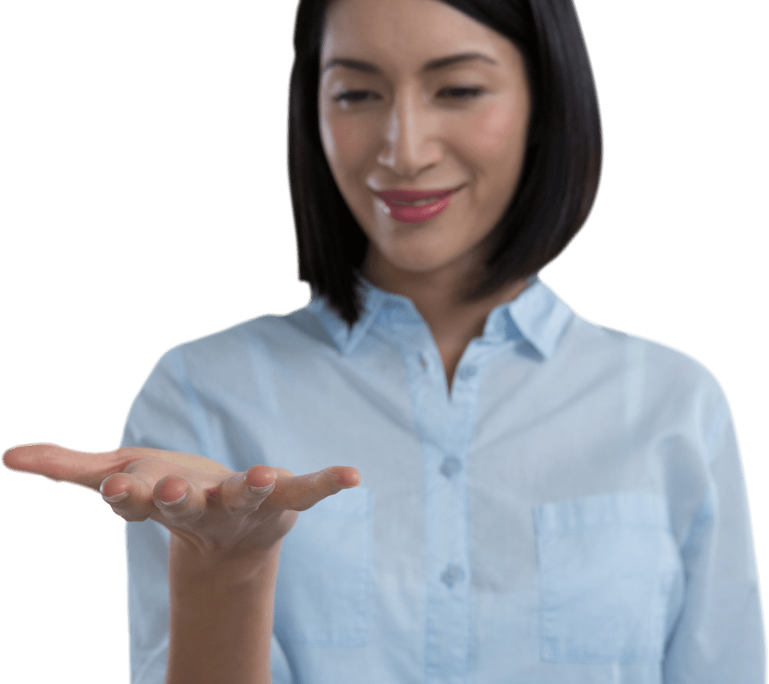 Woman holding invisible object with transparent effect