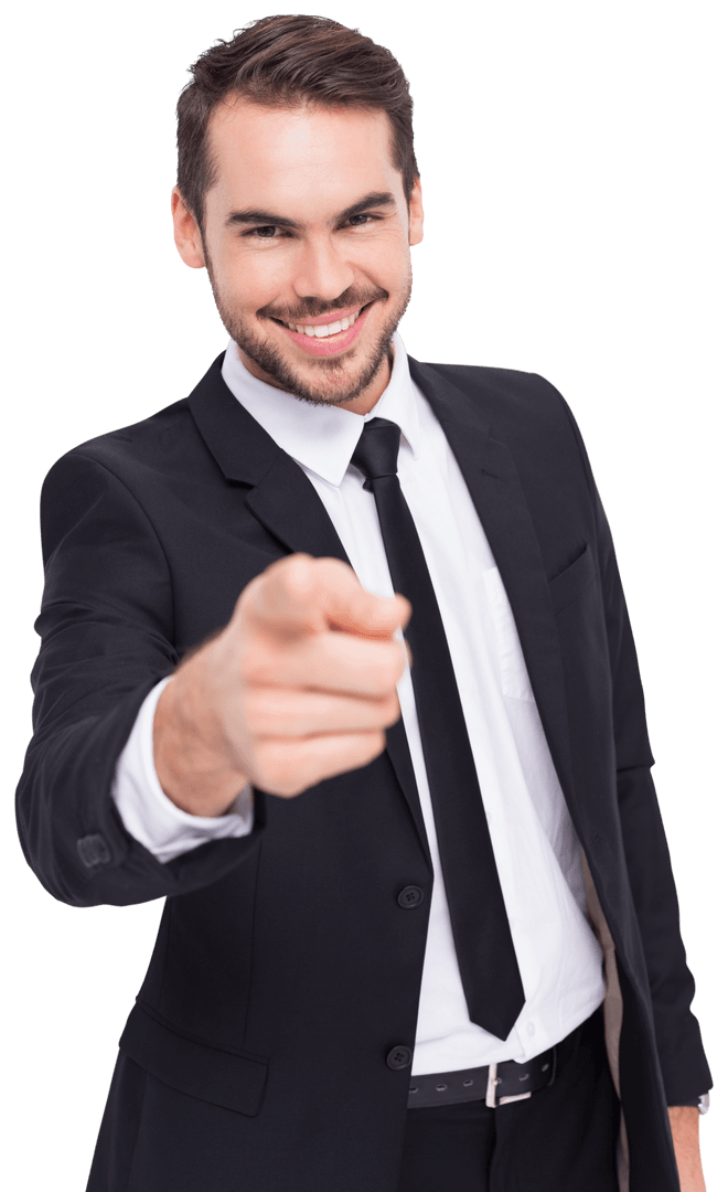 Transparent Confident Businessman Smiling and Pointing Ahead