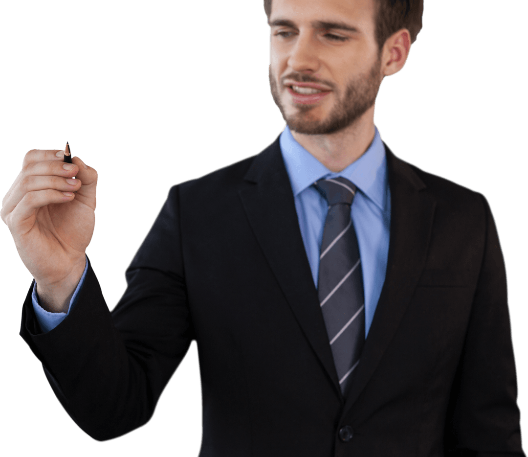 Businessman Writing on Transparent Screen Gesture and Smiling