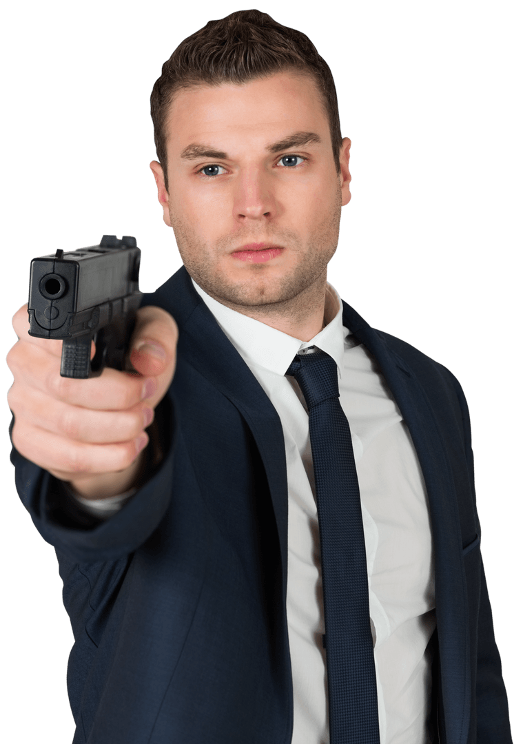 Caucasian Businessman Pointing Gun Forward Posing on Transparent Background