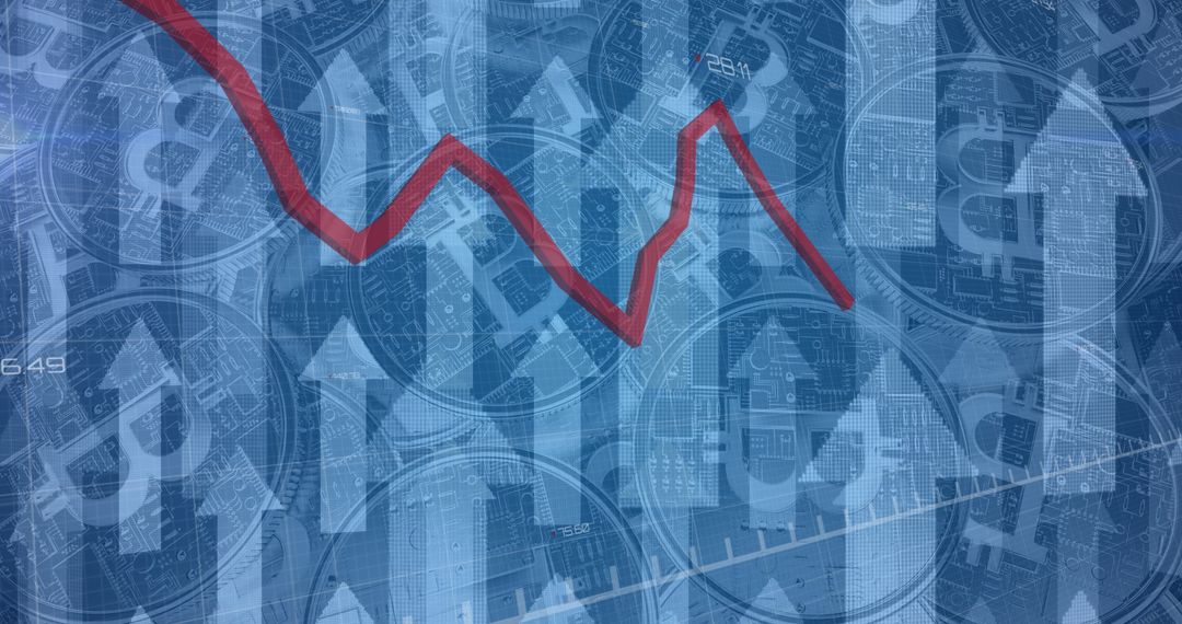 Red Trend Line Amidst Bitcoins Representing Financial Volatility