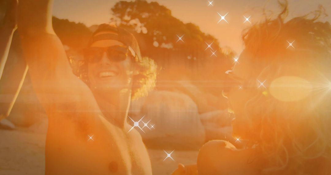 Sunlit Beach Fun with Friends and Sparkling Effects