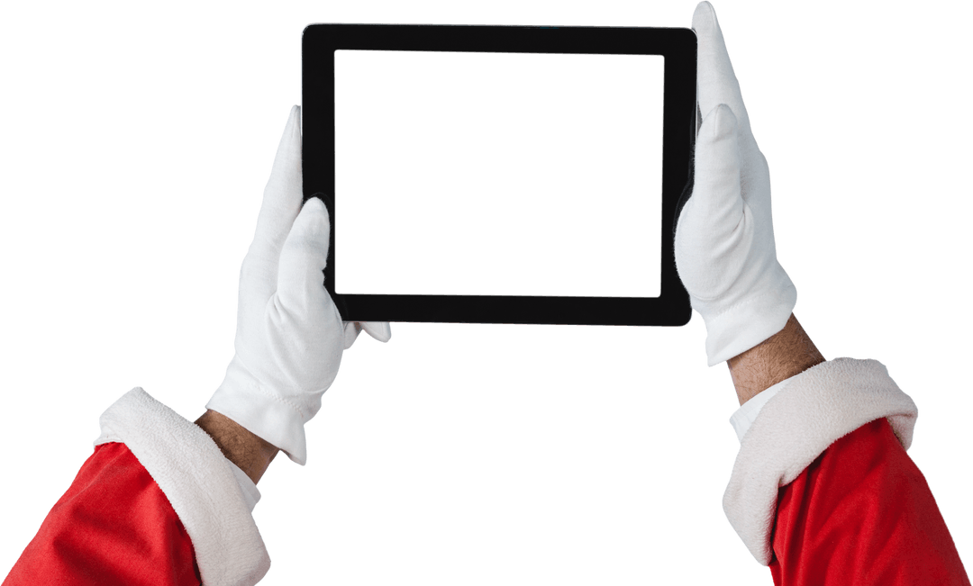 Santa Claus Hands Holding Transparent Tablet with Blank Screen
