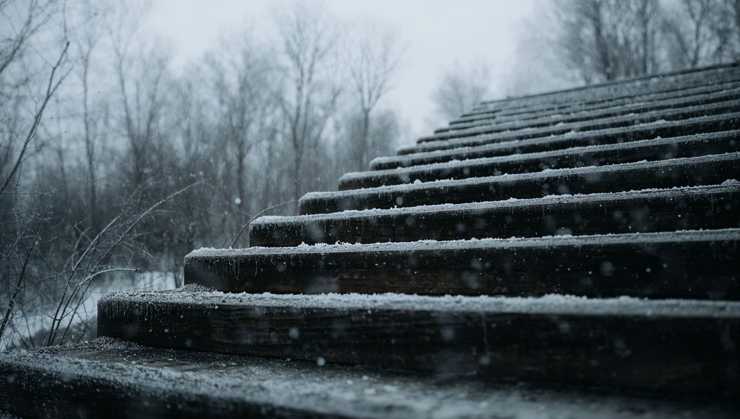 Snow-dusted Weathered Wooden Stairs Leading Up Through Misty Winter Forest Path