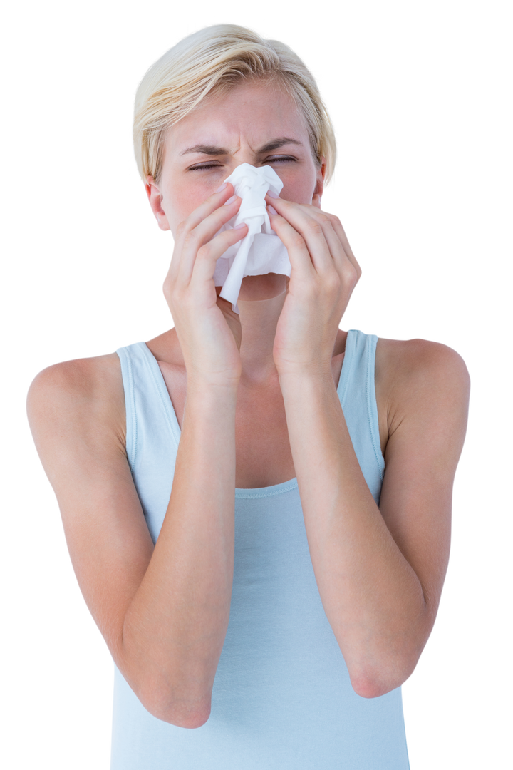 Transparent background woman blowing her nose in tank top - Download Free Stock Images Pikwizard.com