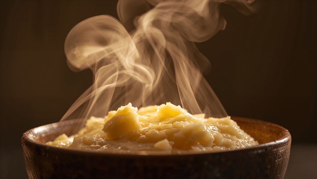 Steaming creamy mashed potatoes with melting butter in rustic wooden bowl, cozy comfort