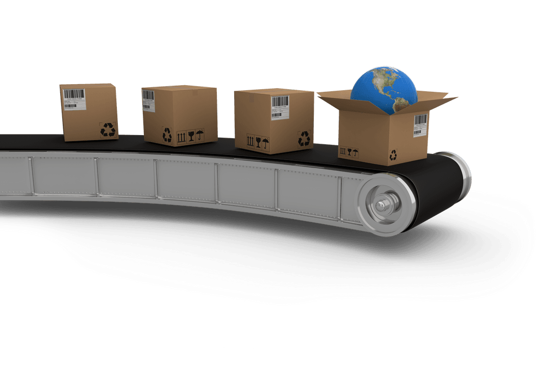 Cardboard Boxes Releasing Globe on 3D Conveyor Belt