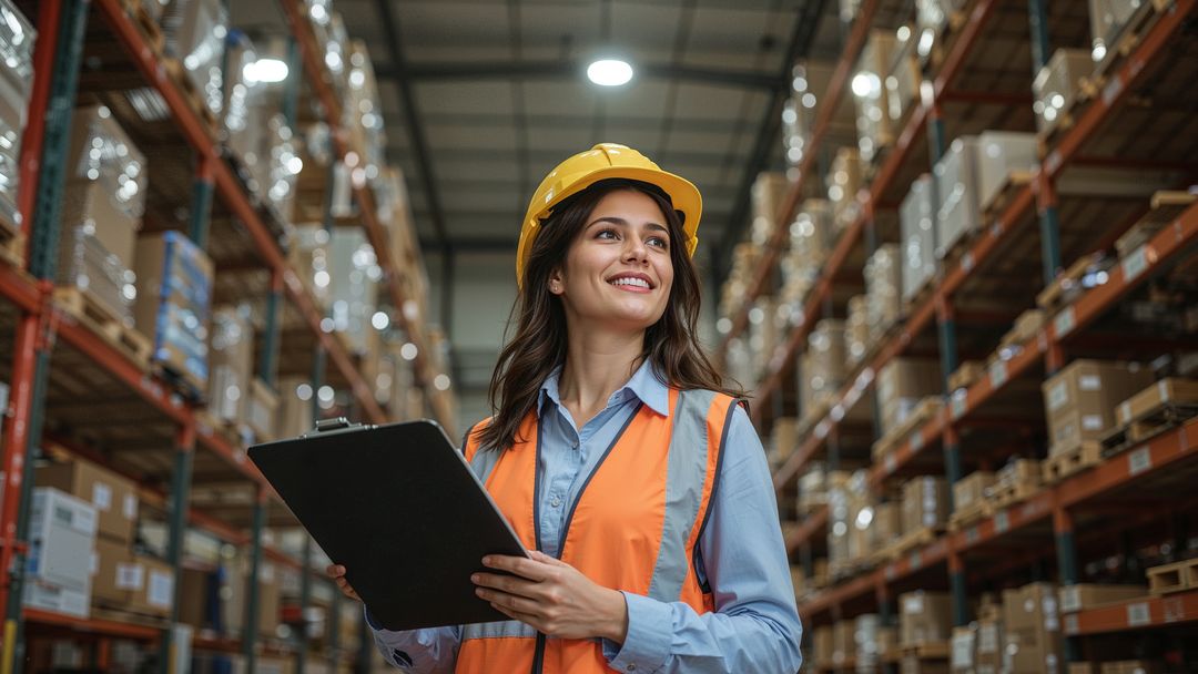 Smiling Warehouse Worker Inspecting Inventory with Clipboard