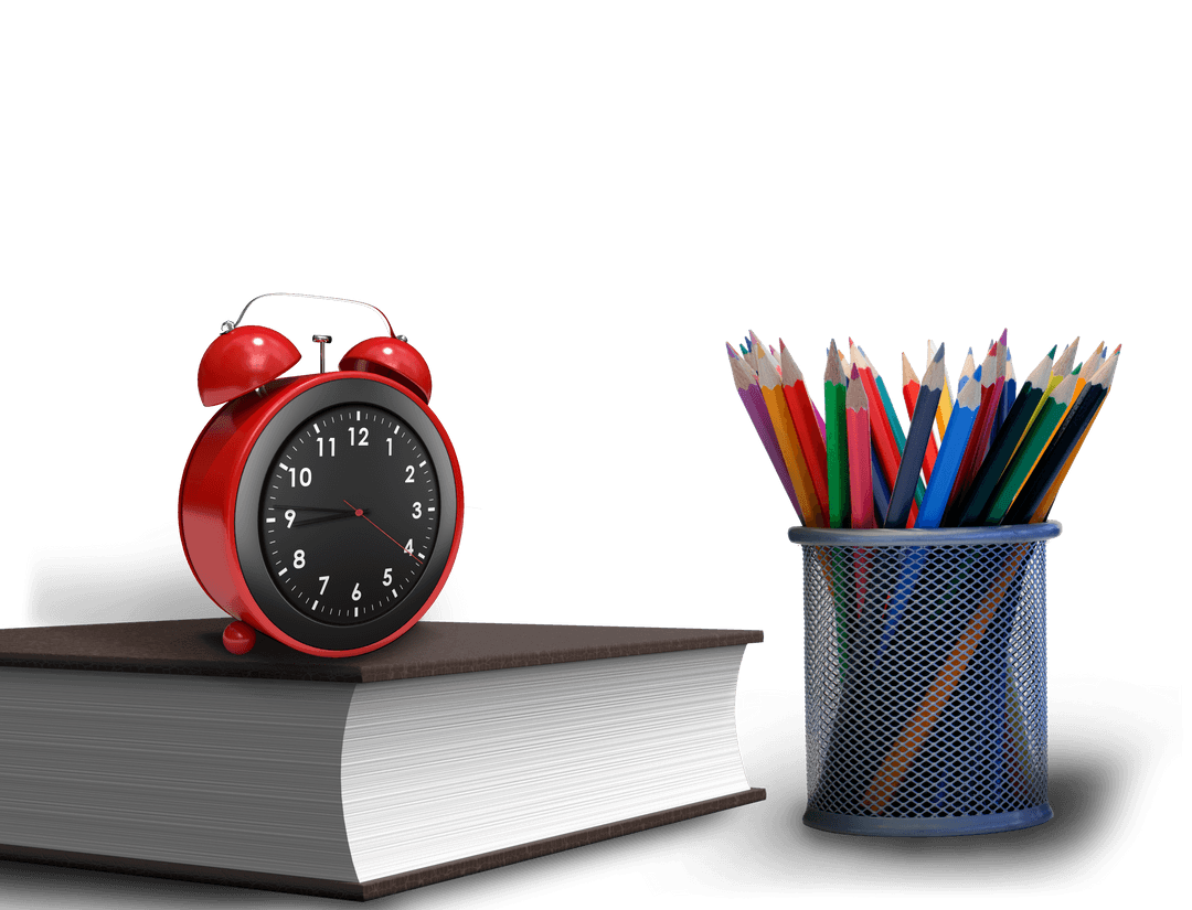 Transparent Book with Alarm Clock and Colored Pencils for Education