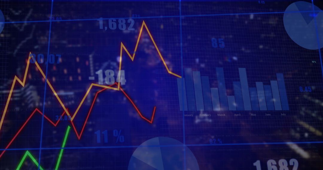 Financial analytics overlay on urban skyline at night