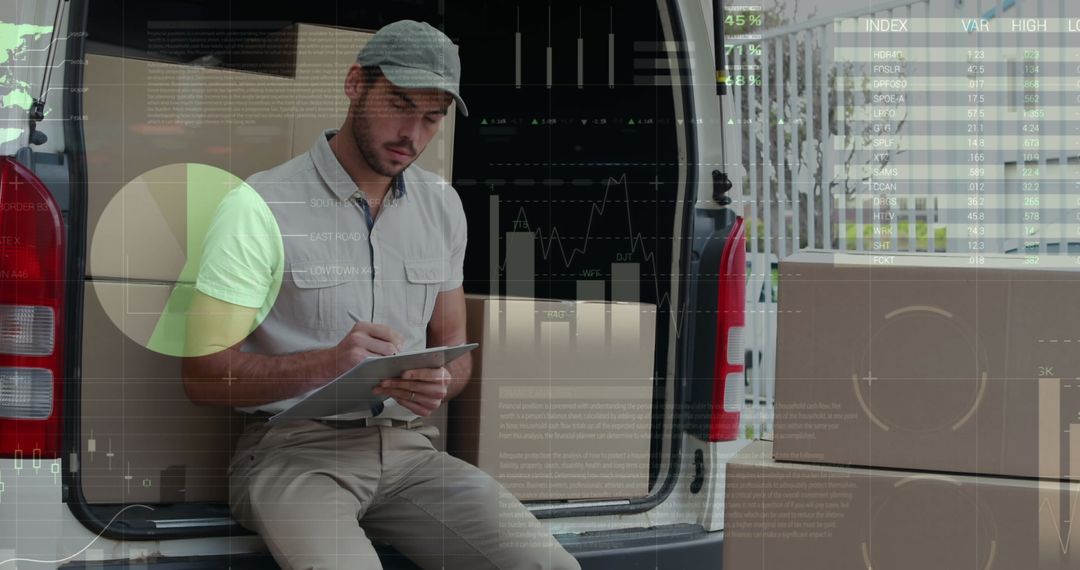 Delivery Man Analyzing Financial Data on Online Logistics Network