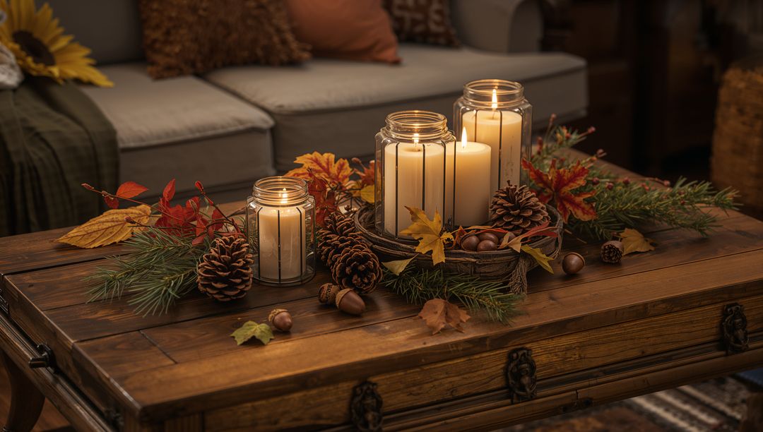 Rustic Autumn Coffee Table Decor with Candles and Pine Cones