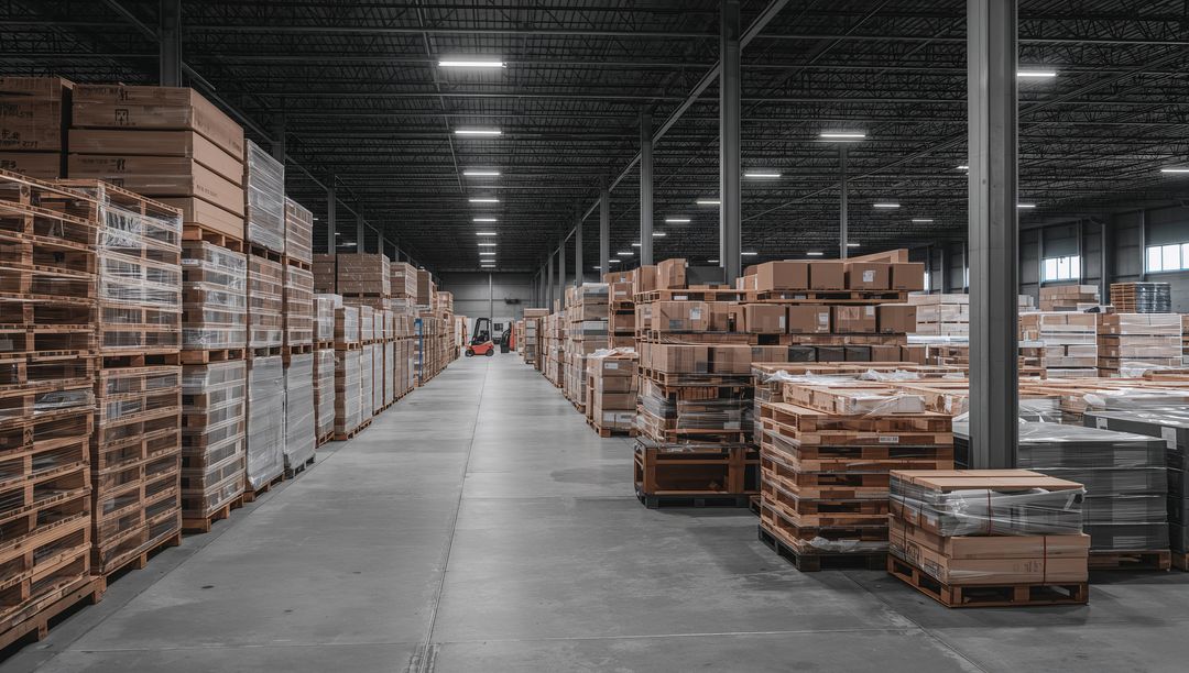 Spacious Warehouse Aisle with Stacked Pallets and Forklift Showing Logistics Operations
