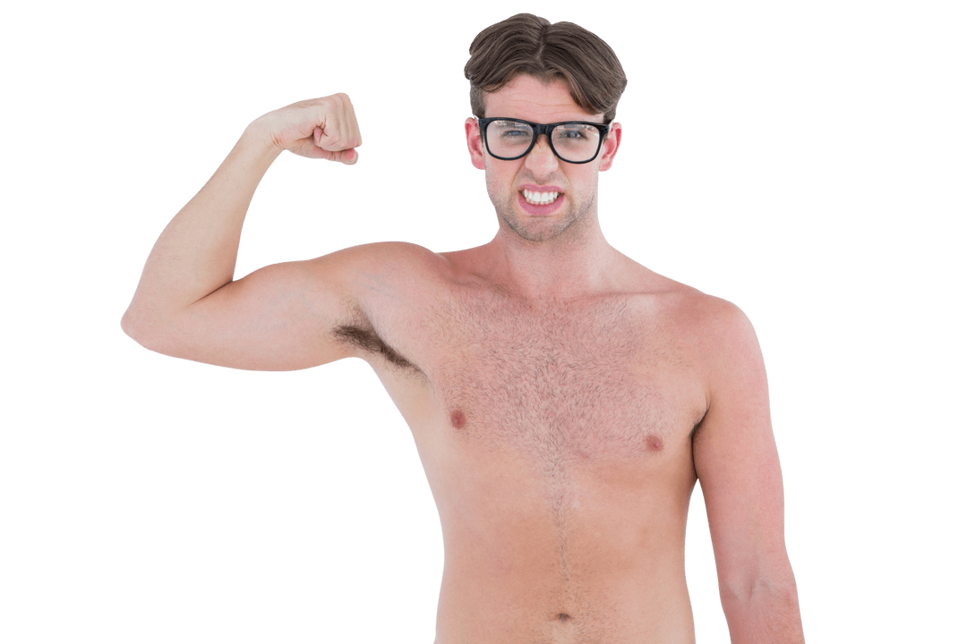 Transparent Geeky Hipster Flexing Muscles with Confidence