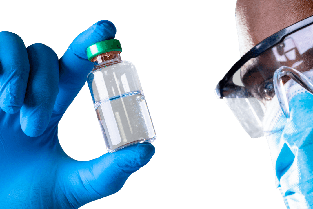 Transparent Vaccine Vial in Health Worker Hand with Blue Glove