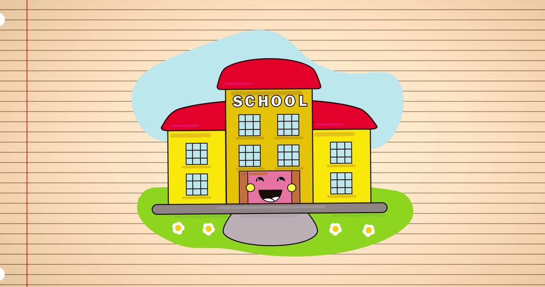 Cartoon School Building with Smiling Face on Lined Background
