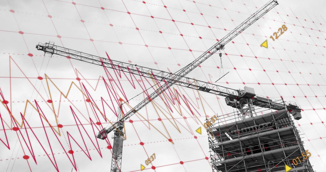 Cranes and Construction Site with Financial Data Overlay