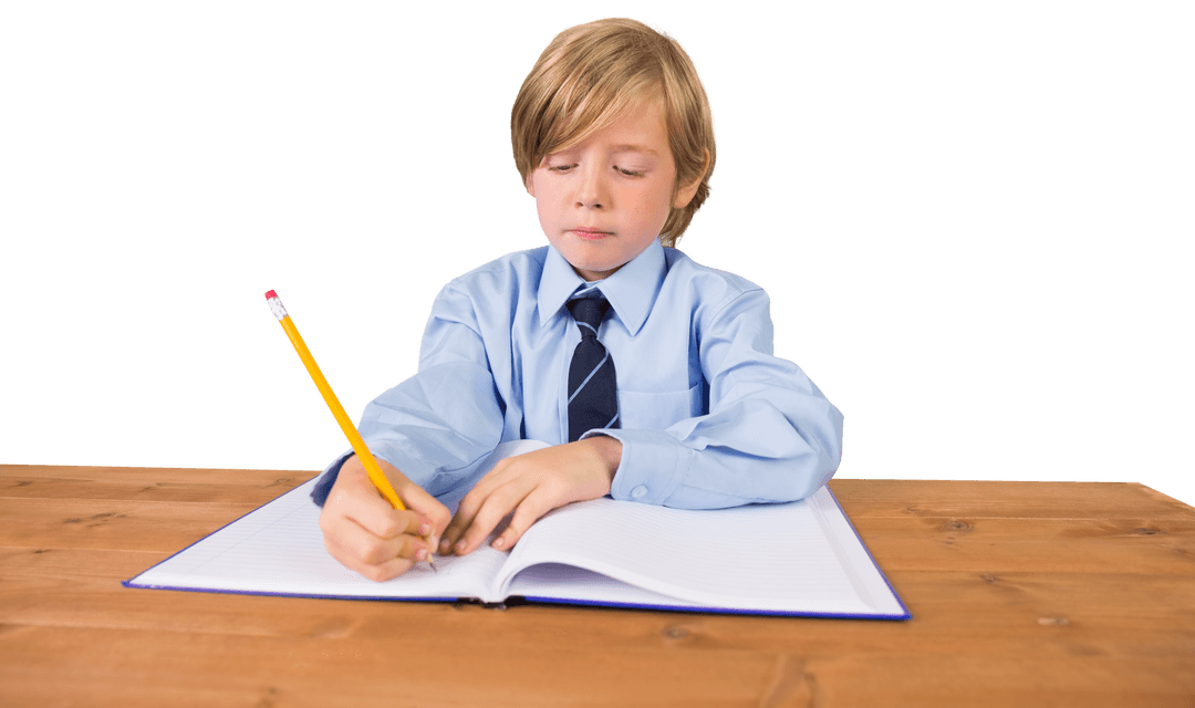 Focused Caucasian Schoolboy Writing with Pencil on Transparent Background