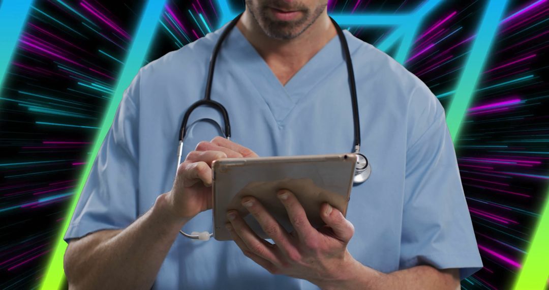 Healthcare Professional Using Tablet with Futuristic Neon Background