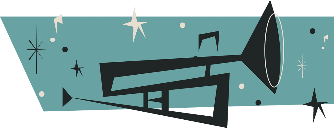 Retro Geometric Trumpet Design with Starbursts and Notes Transparent