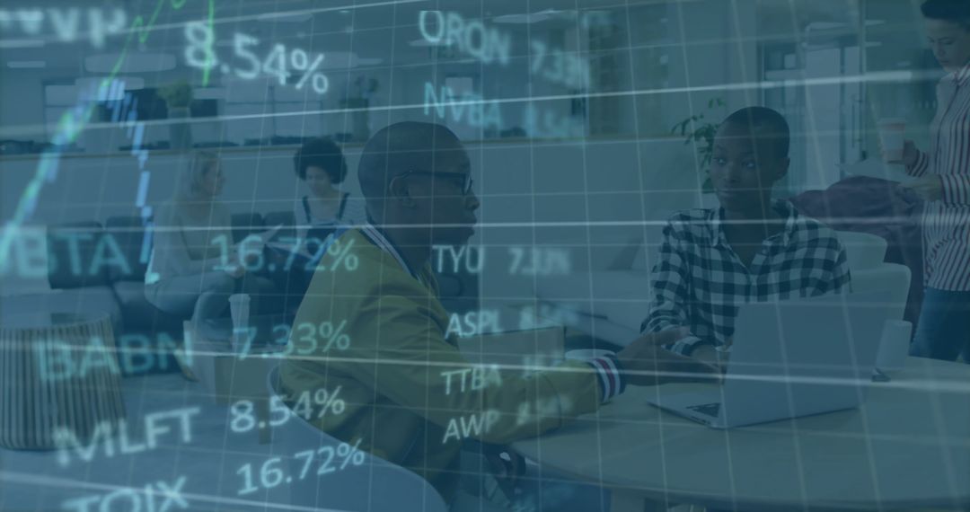 Business Team Collaborating with Financial Analytics Overlay