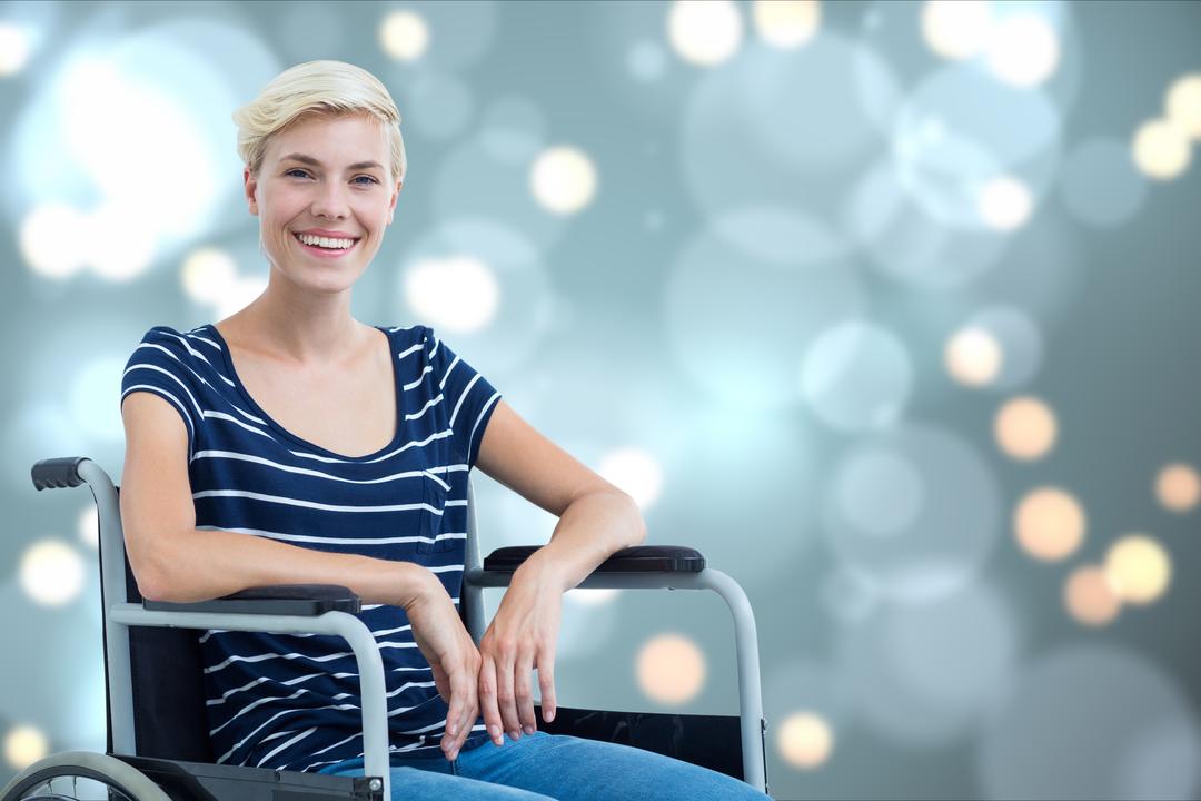 Smiling Young Woman Sitting in Wheelchair with Bokeh Background - Free Images, Stock Photos and Pictures on Pikwizard.com