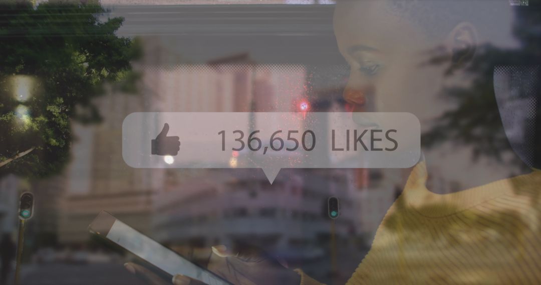 African American Woman Viewing Social Media Likes with Cityscape Reflection - Free Images, Stock Photos and Pictures on Pikwizard.com