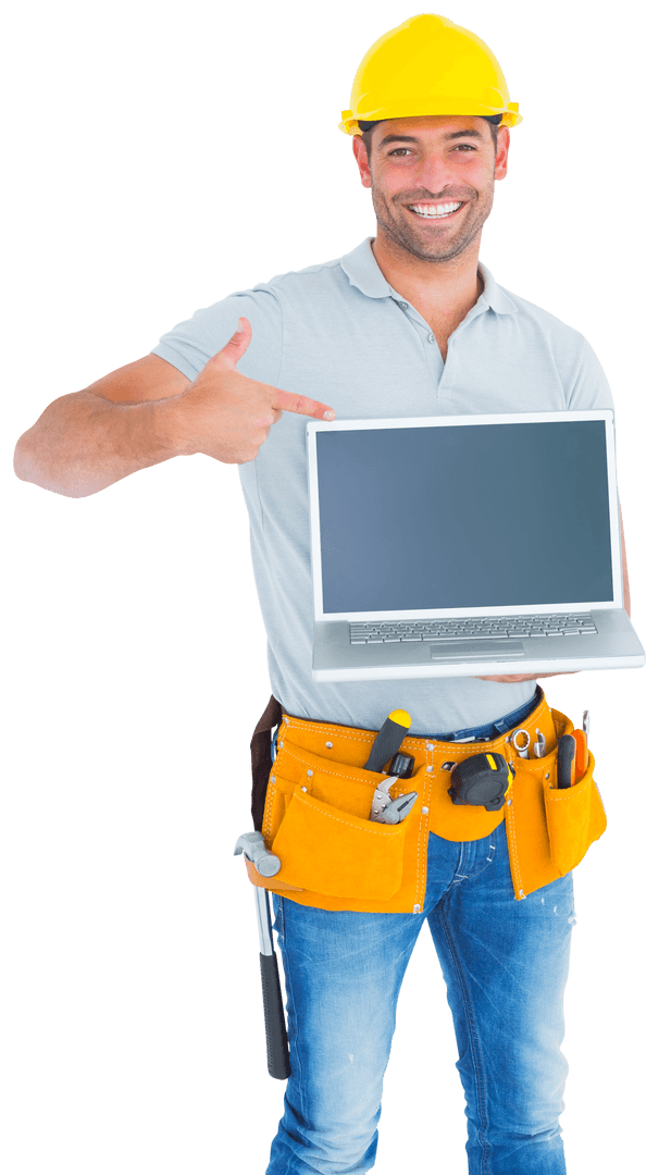 Smiling Handyman Presenting Laptop on Transparent Background