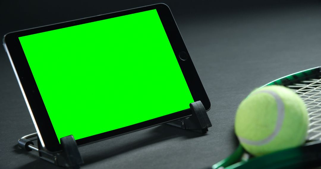 Digital Tablet with Green Screen Near Tennis Equipment on Dark Surface - Free Images, Stock Photos and Pictures on Pikwizard.com