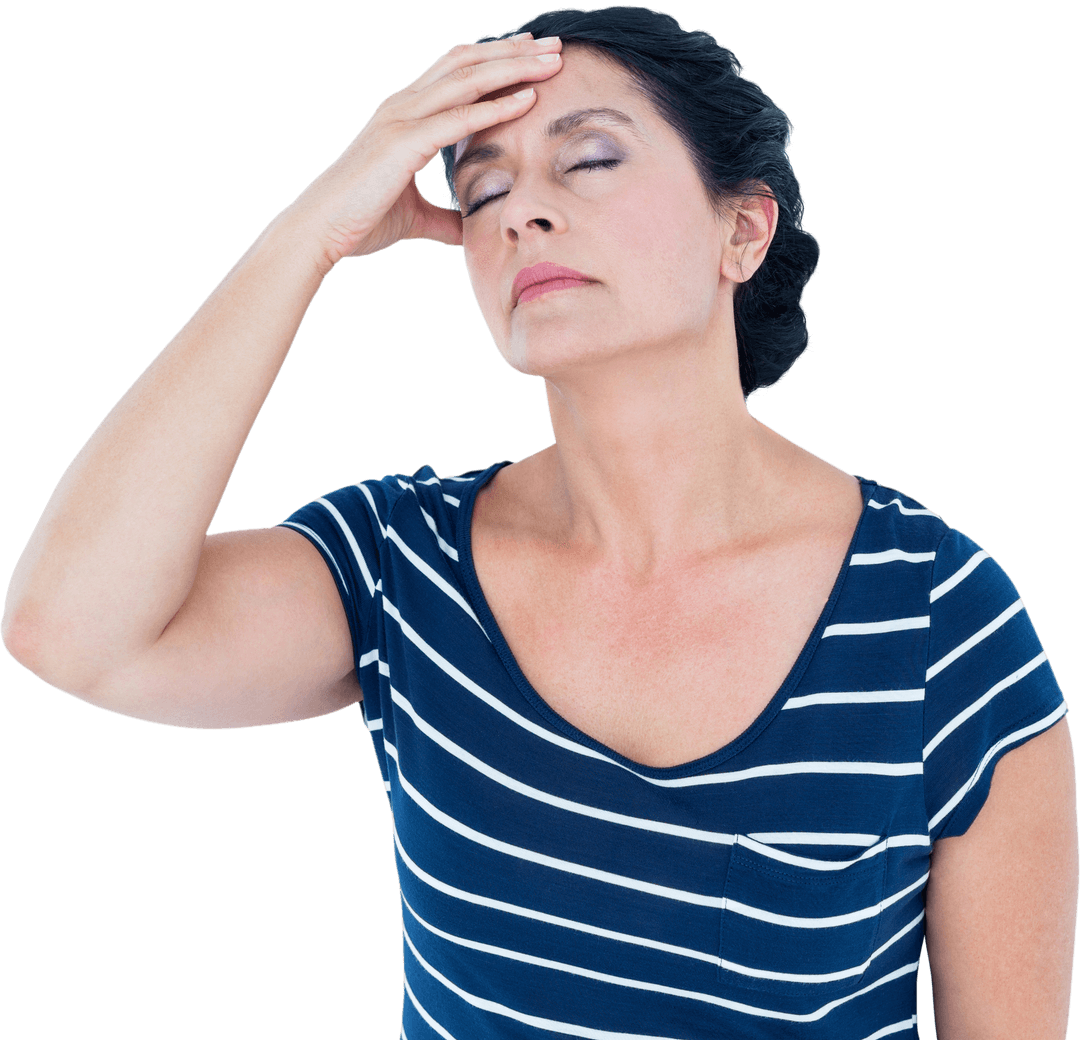 Transparent Woman Holding Head in Thoughtful Expression