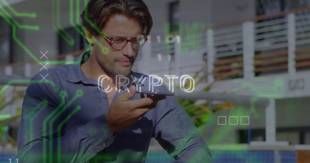 Man Using Smartphone with Crypto Graphics on Outdoor Terrace