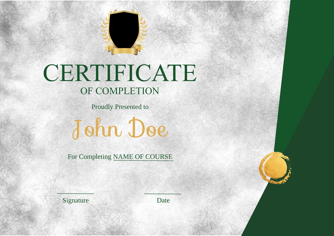 Elegant Certificate of Completion Template with Gold and Green Accents - Download Free Stock Templates Pikwizard.com