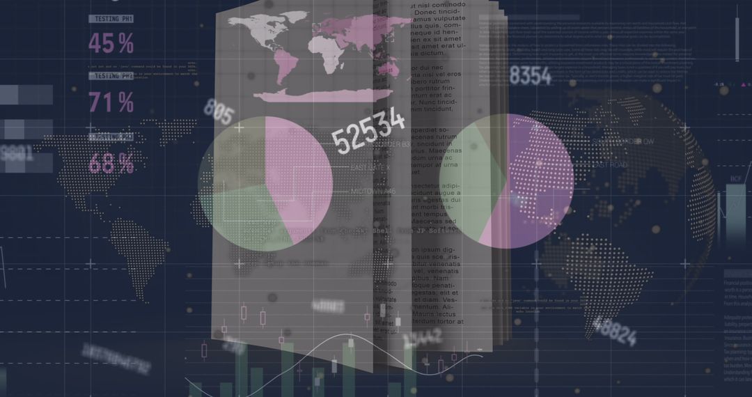 Data analytics with statistical graphs and digital globe overlay