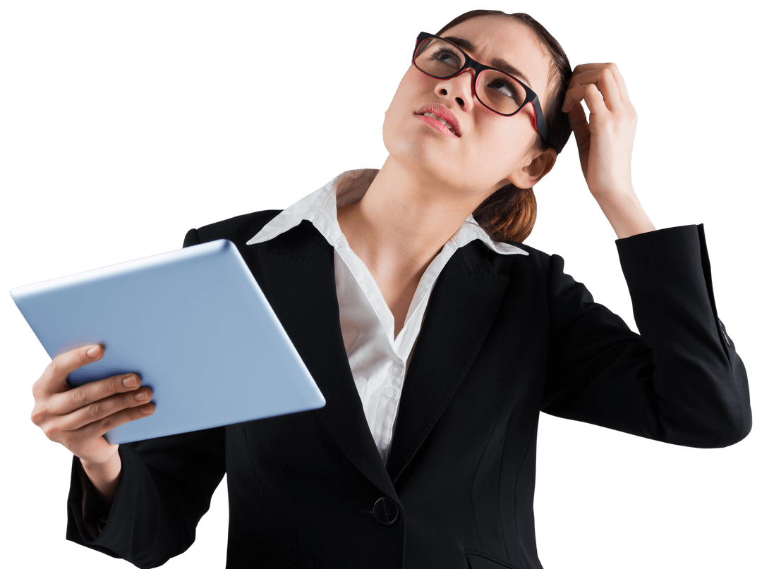 Thoughtful Businesswoman Scratching Head Holding Transparent Tablet