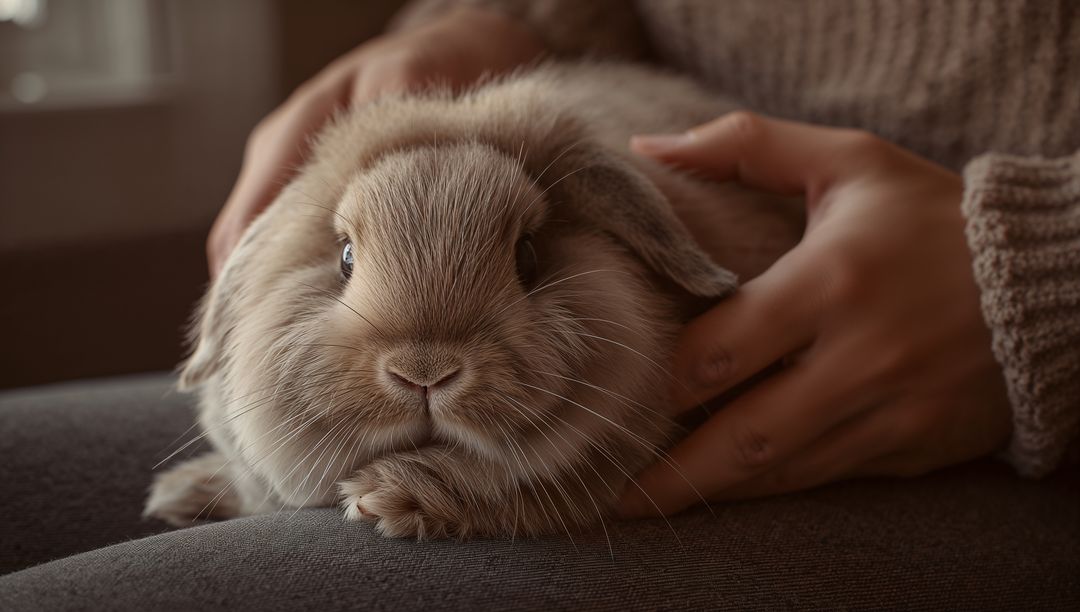 Cozy lop-eared rabbit being cradled on lap with warm hands and knit sweater