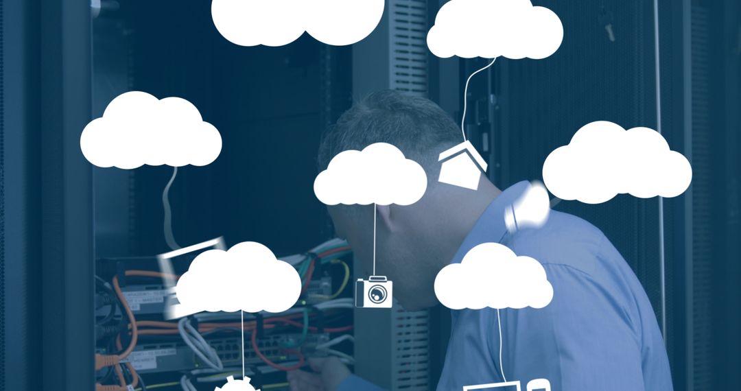 IT Technician Inspecting Server Room with Digital Interface Icons