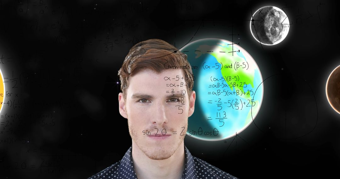 Businessman Visualizing Mathematical Concepts and Planets