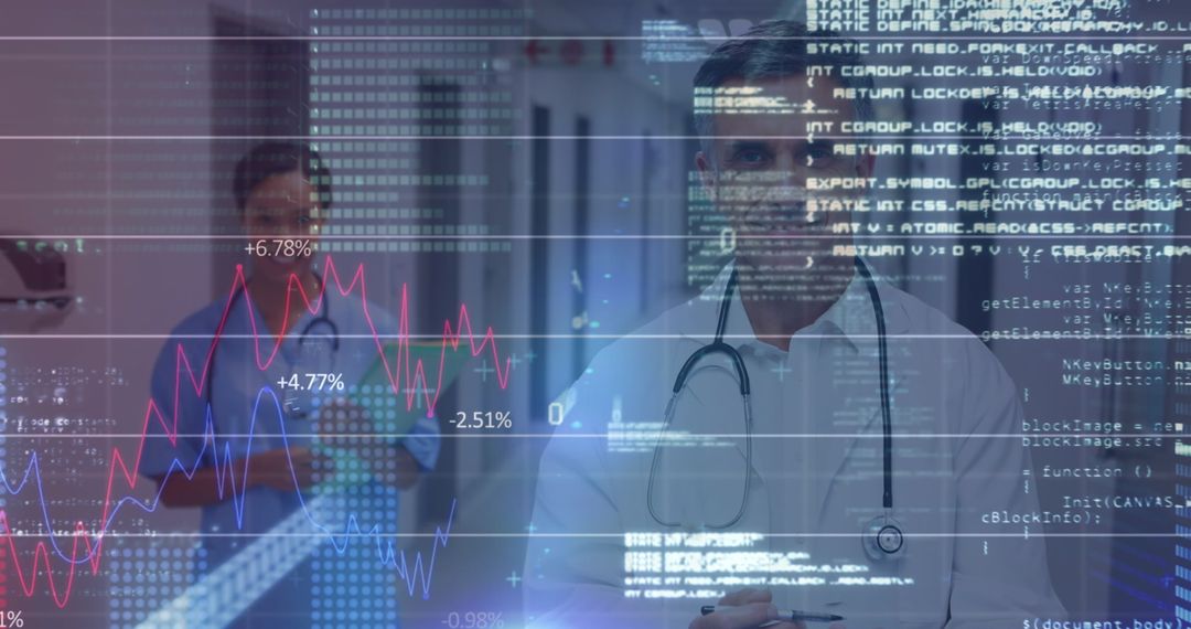 Caucasian Doctor and Nurse Analyzing Data with Digital Interface