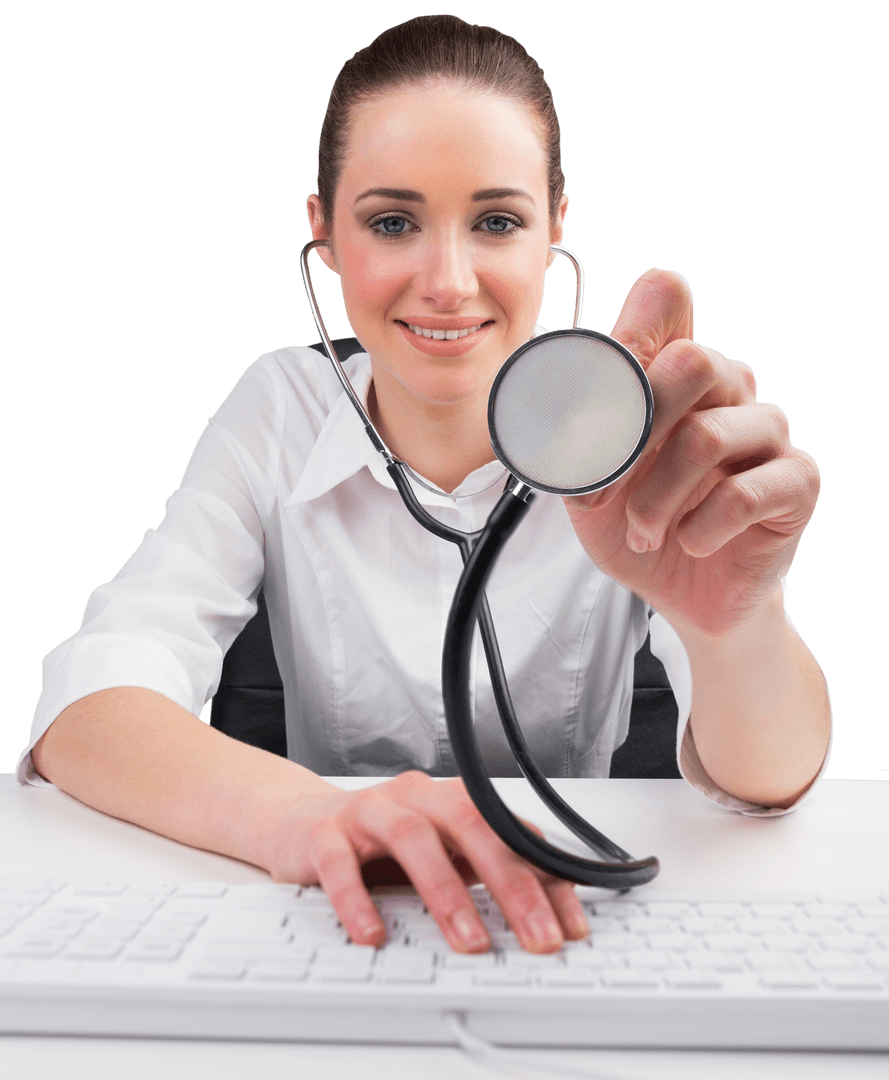 Businesswoman Holding Stethoscope with Transparent Background