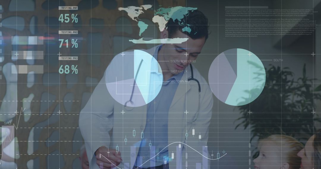 Doctor Consulting Patients with Financial Data Overlay