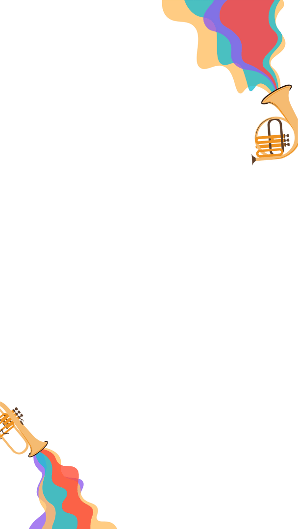 Colorful Brass Instruments with Rainbow Ribbons on Transparent Background