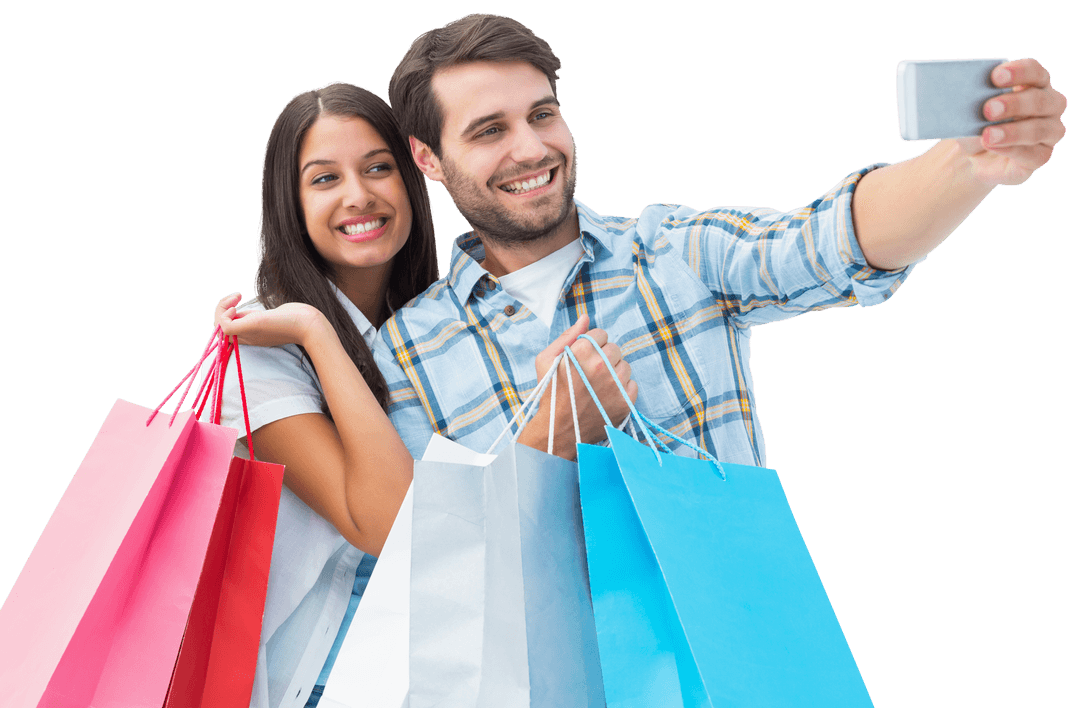 Happy Couple on Shopping Spree Taking Selfie Transparent Background