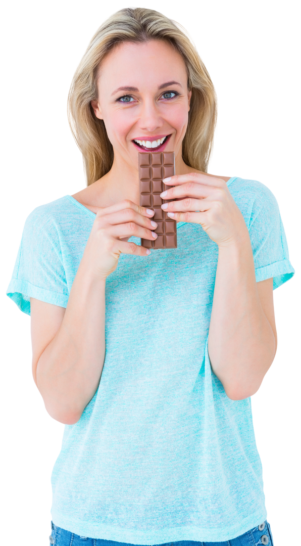 Smiling Blonde Holding Chocolate Bar Transparent Background - Download Free Stock Images Pikwizard.com